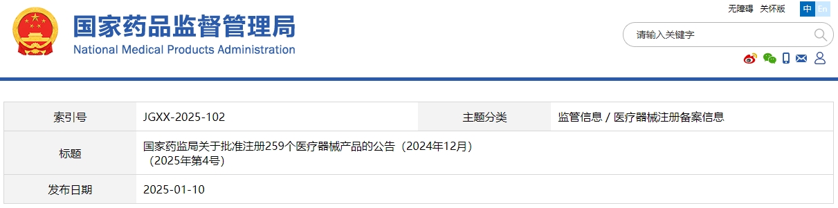 國家藥監(jiān)局關(guān)于批準(zhǔn)注冊(cè)259個(gè)醫(yī)療器械產(chǎn)品的公告（2024年12月）(圖1)